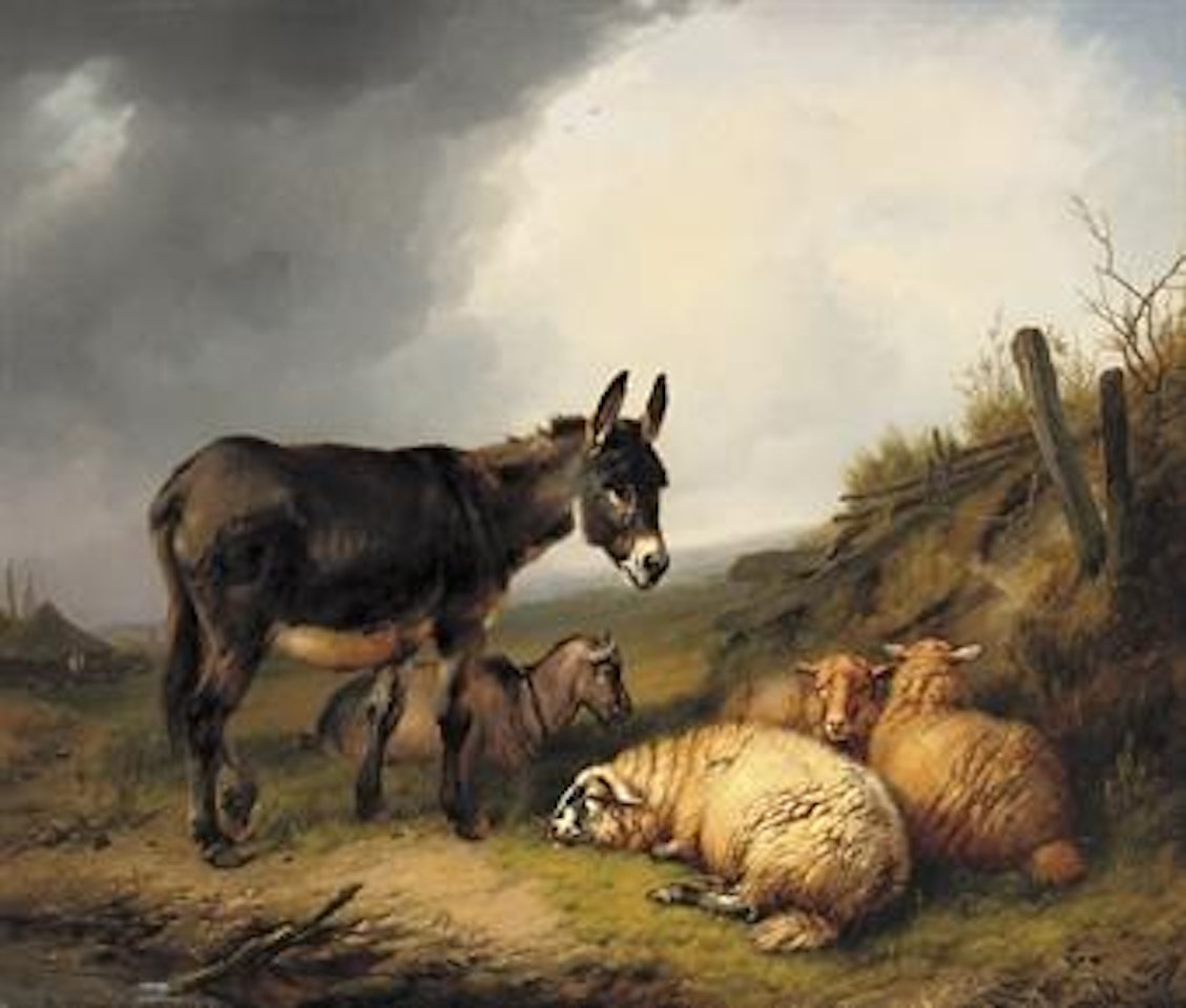 A donkey, goat and sheep in a pasture by Eugène Joseph Verboeckhoven
