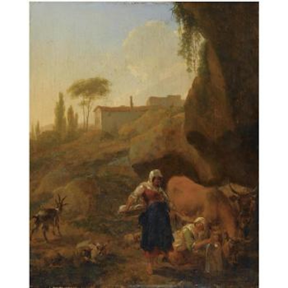 A Rocky Southern Landcape With Two Peasant Women With Their Flock And Cattle Halting Near A Stream by Nicolaes Pietersz Berchem