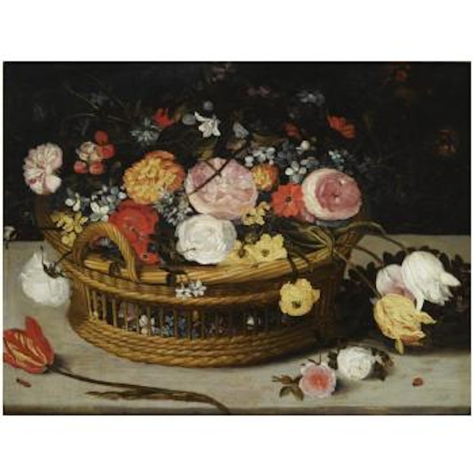 Still Life Of Roses, Tulips, Chrysanthemums, Anemones And Other Flowers, All In A Basket On Stone Ledge, Together With A Lady-bird And A Tiny Beetle by Jan Brueghel the Younger