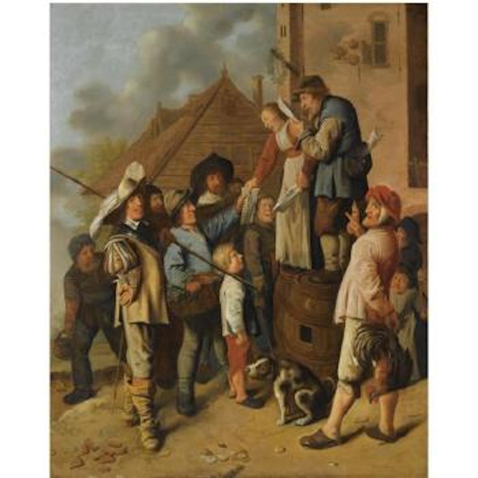 A Man And A Woman Standing On Barrels Reading A Newspaper Out Loud, Surrounded By A Group Of Figures, Outside A Tavern by Jan Miense Molenaer