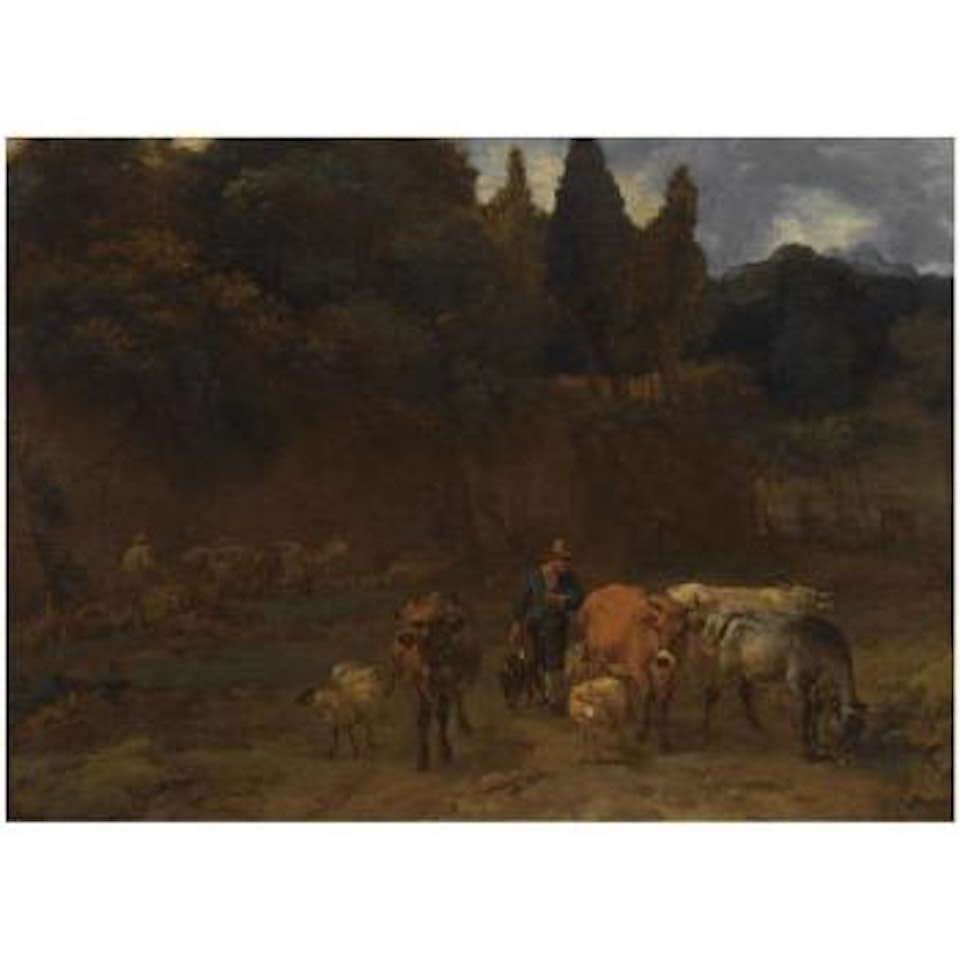 An Italianate Wooded Landscape With Shepherds Herding Their Sheep And Cattle by Nicolaes Pietersz Berchem