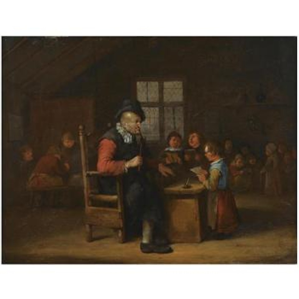 A Schoolroom Interior With A Teacher Seated Behind A Desk, A Young Girl Reading, Other Pupils In The Background by Egbert van Heemskerk III