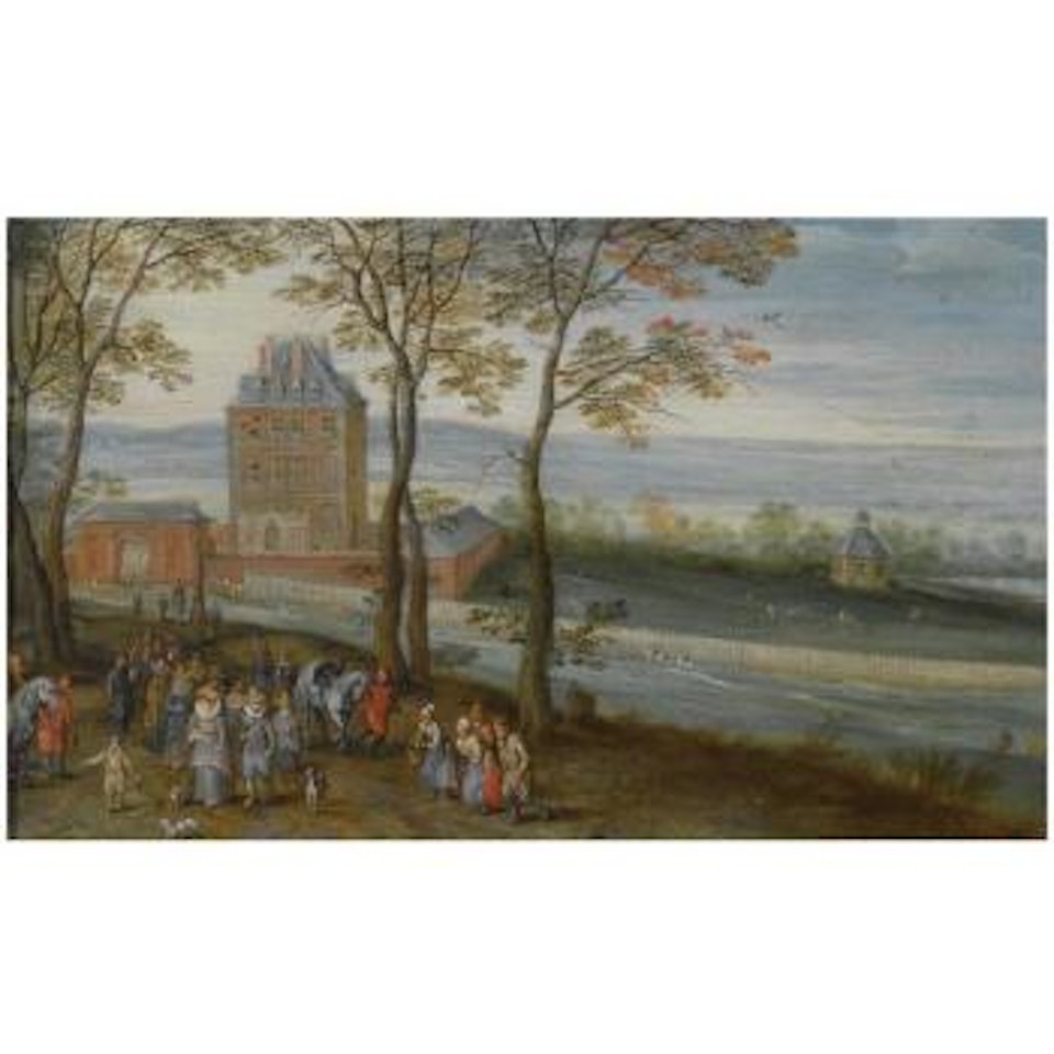 An Extensive Landscape With A View Of The Castle Of Mariemont, A Procession With The Archduke Albrecht, His Wife Isabella And Other Figures In The Foreground by Jan Brueghel the Younger