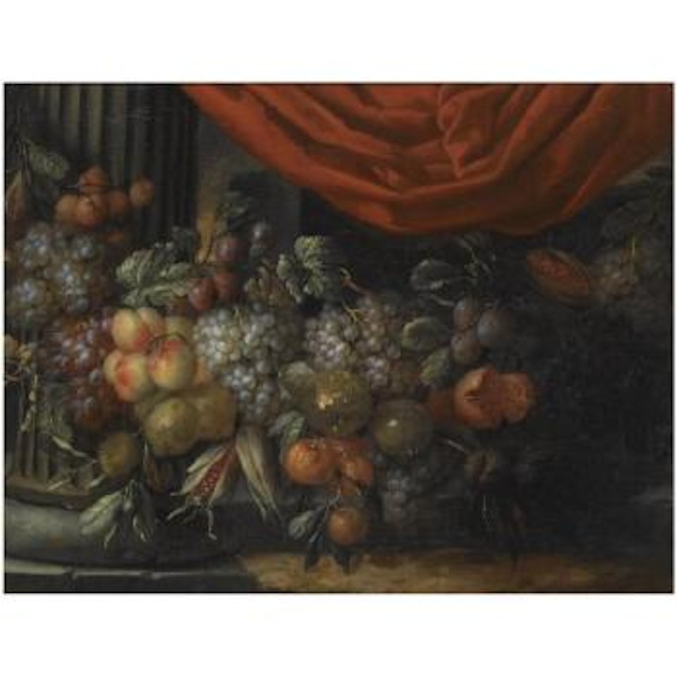 A Garland Of Blue And White Grapes, Peaches, Oranges, Lemons And Prunes, Figs, Corn And Chestnuts, In A Landscape Near A Classical Column by Jan Pauwel Gillemans