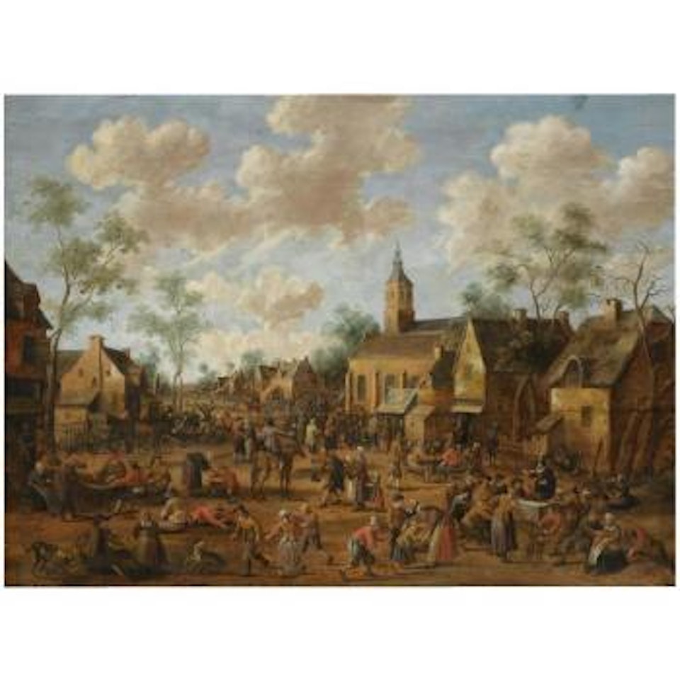 A Village Kermesse, With Numerous Figures Feasting And Conversing In The Street, Other Figures Gathered Around A Quack Doctor In The Foreground, A Church On The Right With A Crowd by Joost Cornelisz Droochsloot