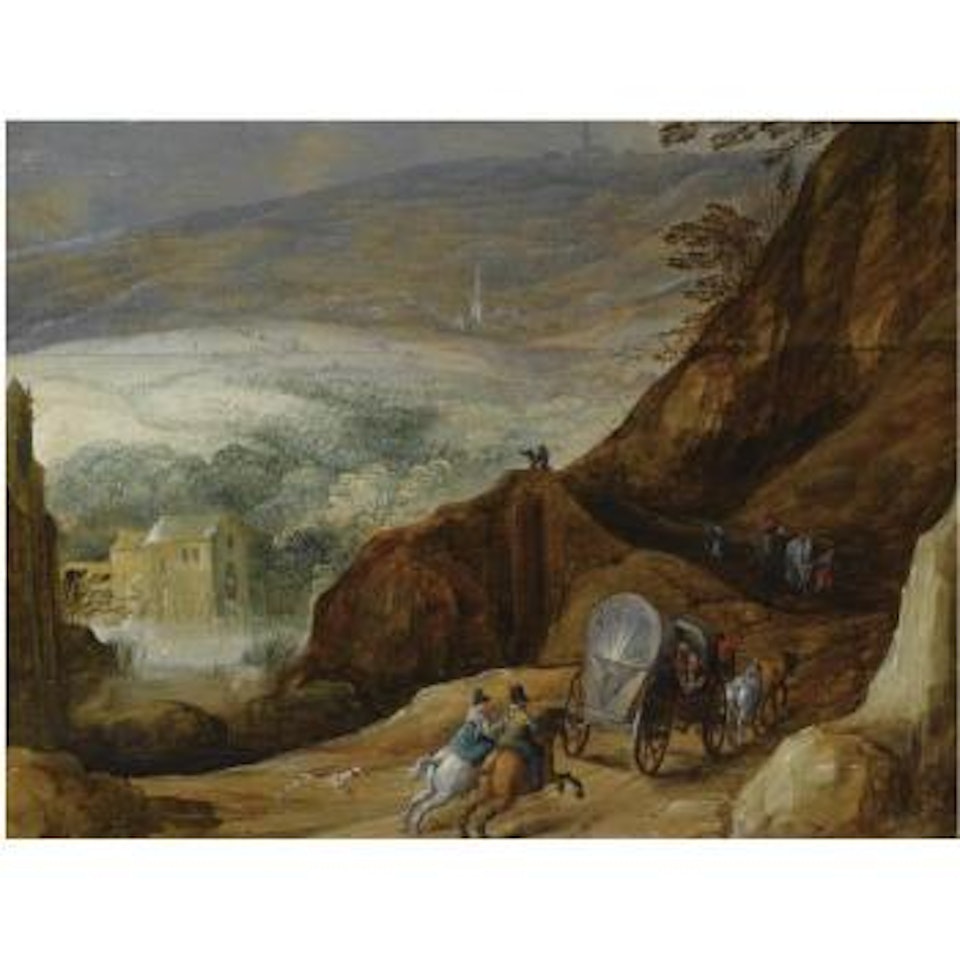 A Mountainous Landscape With Horsemen And Travellers In A Horse-drawn Wagon And A Horse-drawn Cart On A Path, A Watermill Beyond by Joos de Momper the Younger