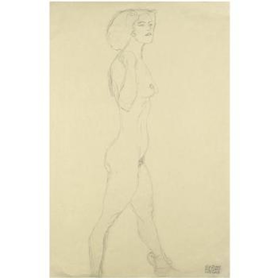 Schreitende (Die Rechte Hand An Der Schulter, Das Gesicht Im Dreiviertelprofil) Woman Pacing (Her Right Hand On The Shoulder, The Face In Three-quarter Profile) by Gustav Klimt