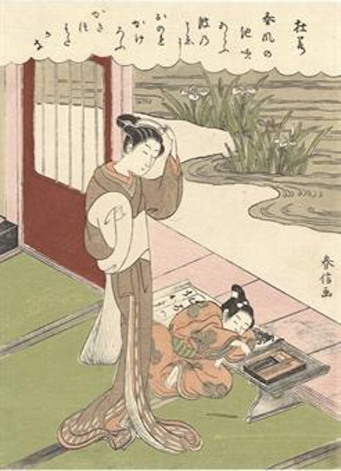 Kakitsubata [Iris] - a lady standing over a child who has fallen asleep during a calligraphy lesson by Suzuki Harunobu