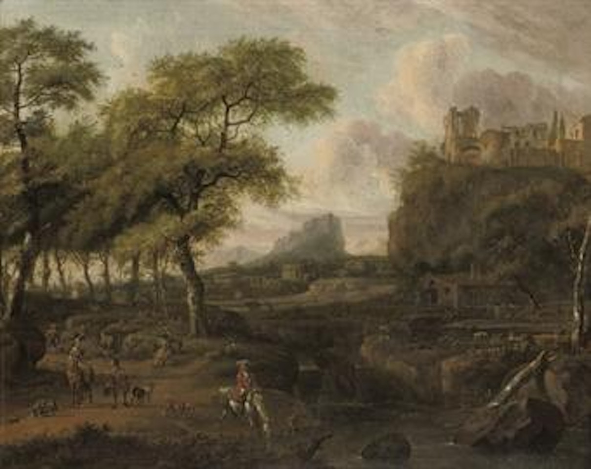 An Italianate landscape with travellers on a track by Abraham Storck