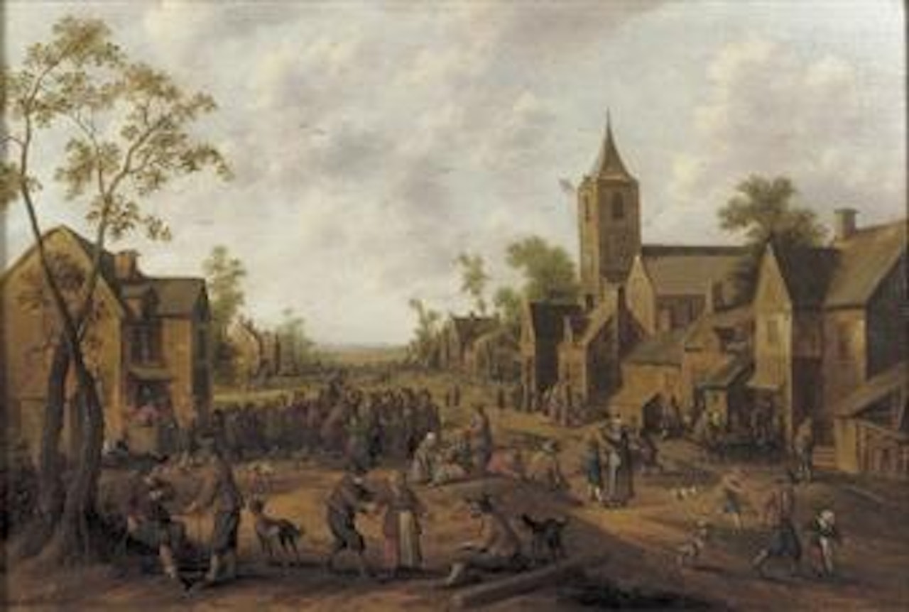 A town with numerous figures gathered in a street by Joost Cornelisz Droochsloot