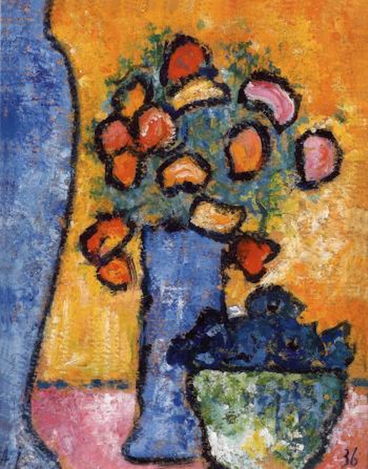 Stilleben mit zwei blauen Vasen, Blumen und Enzianschale by Alexej von Jawlensky