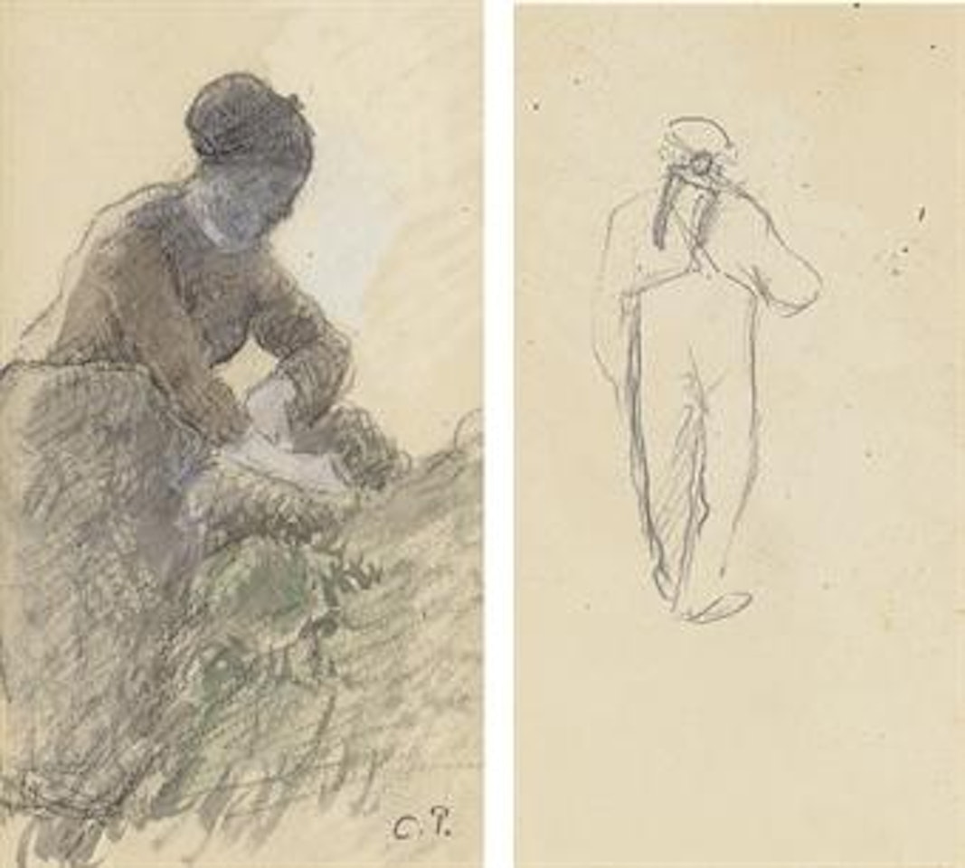 Femme de profil, penchée (recto); Homme à la houe (verso) by Camille Pissarro