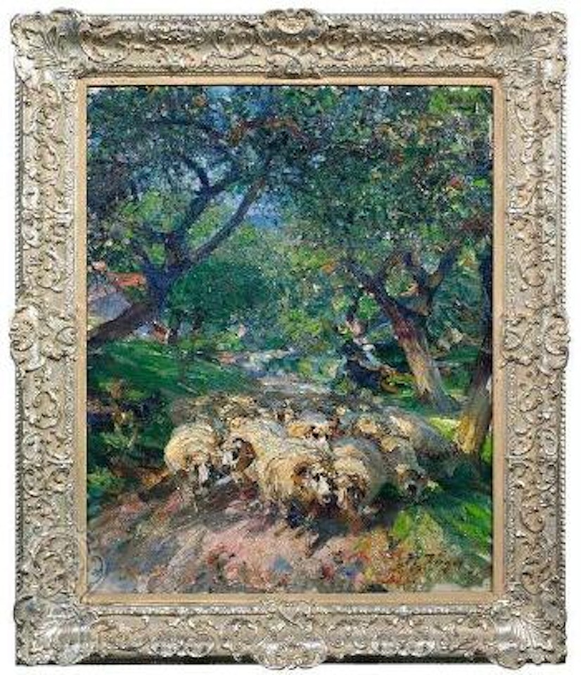 Schafherde im Obstgarten, begleitet vom Schäferhund by Heinrich von Zugel