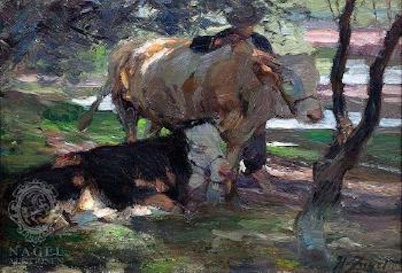 Zwei Kühe mit ihrem Hüter unter Bäumen by Heinrich von Zugel