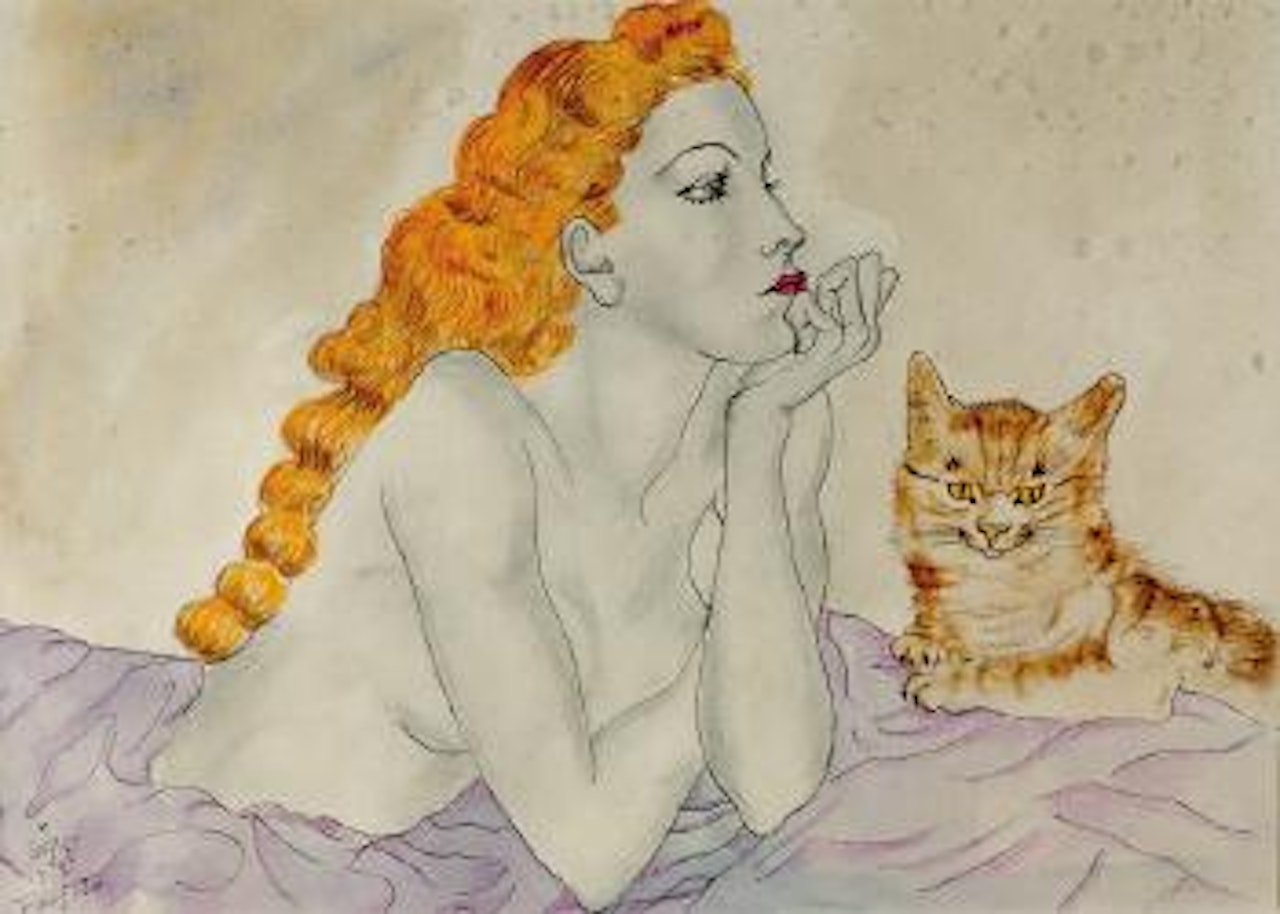 Portrait de nu avec chat by Leonard Tsuguharu Foujita