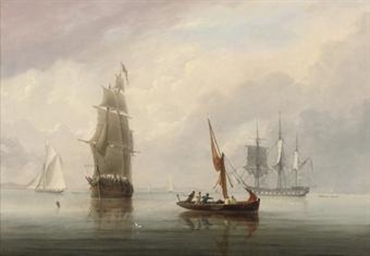 A three-masted merchantman in a light breeze off Avonmouth, with a Royal Navy frigate anchored and drying her sails offshore by Joseph Walter Of Bristol