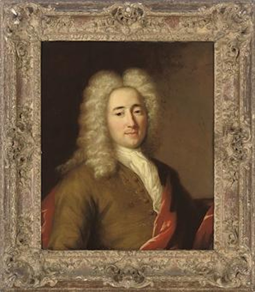 Portrait of a gentleman, bust-length, in a brown coat with gold embroidery and a red wrap by French School