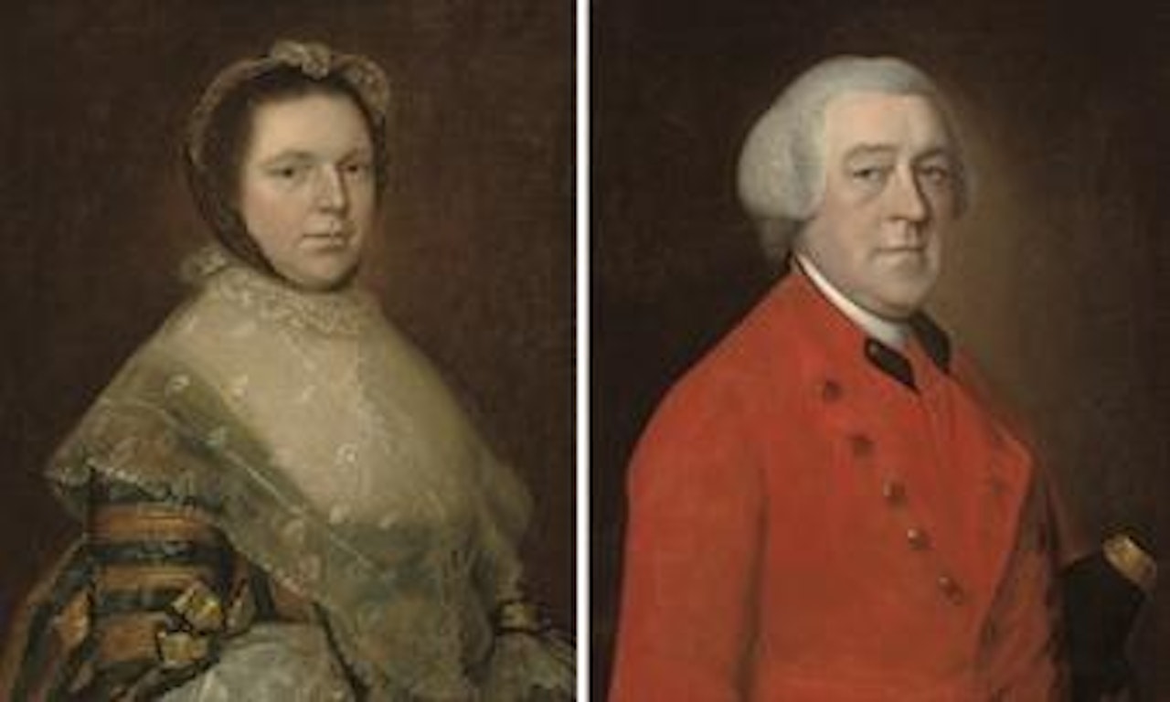 Portrait of Elizabeth Prowse, half-length, in a blue and gold dress. Portrait of Thomas Prowse (1708-1767), of Compton Bishops, half-length, in a red coat by Thomas Gainsborough