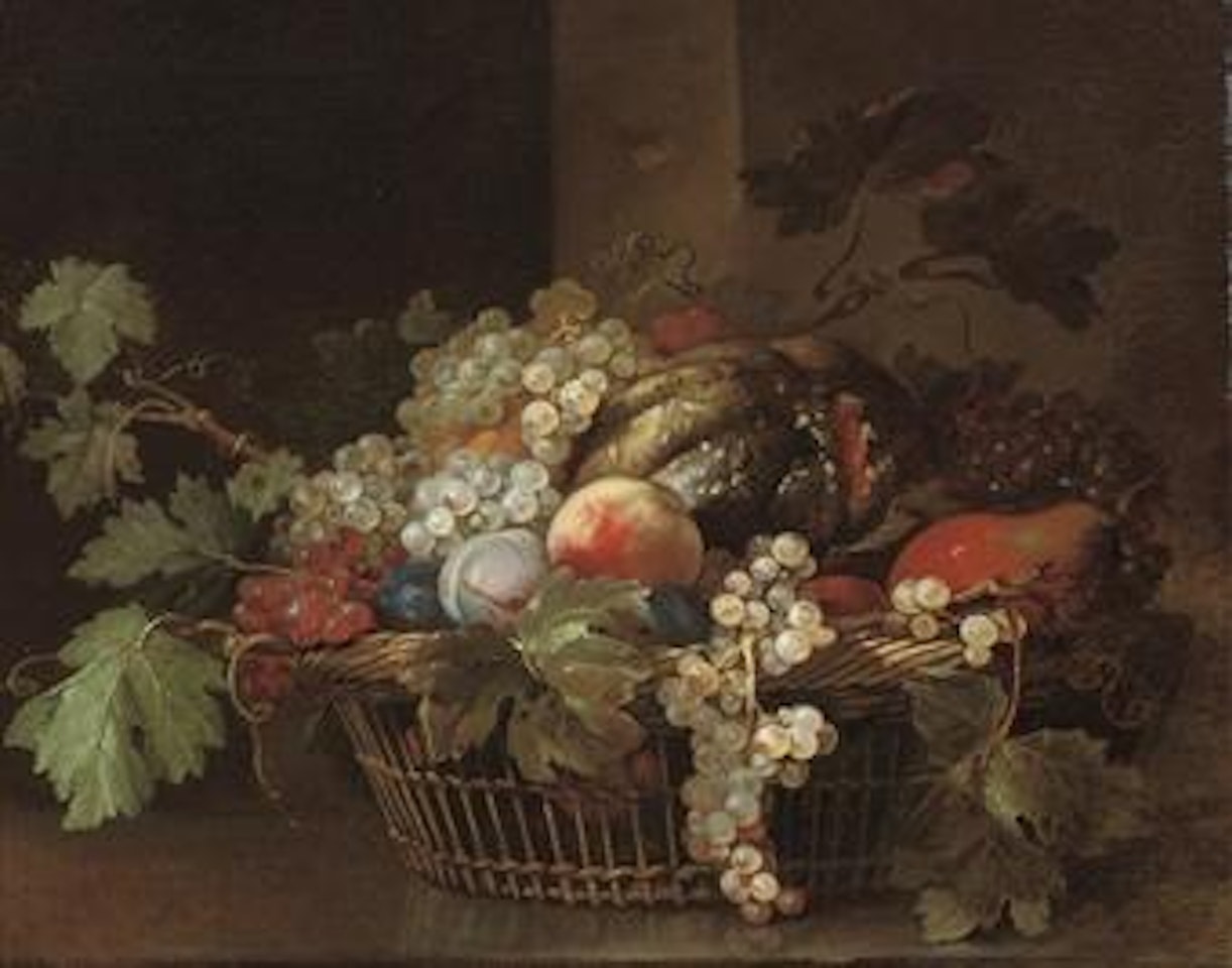 Peaches, grapes, plums, pears and a melon in a wicker basket by Jean-Baptiste Oudry