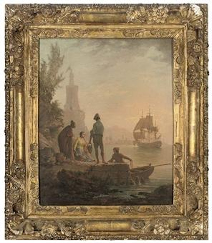 A Mediterranean coastal inlet with fisherfolk on rocks at sunset by Claude Joseph Vernet