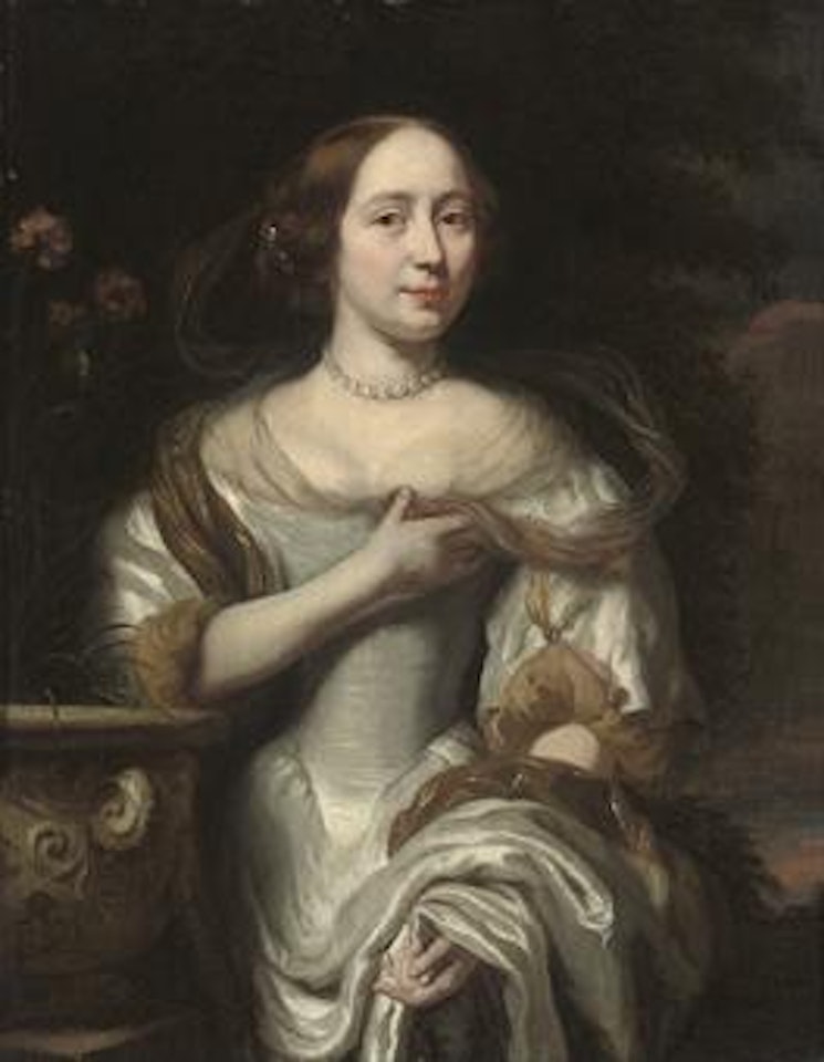 Portrait of a lady, three-quarter-length, in an oyster satin dress, by an urn with carnations, in a landscape by Nicolaes Maes