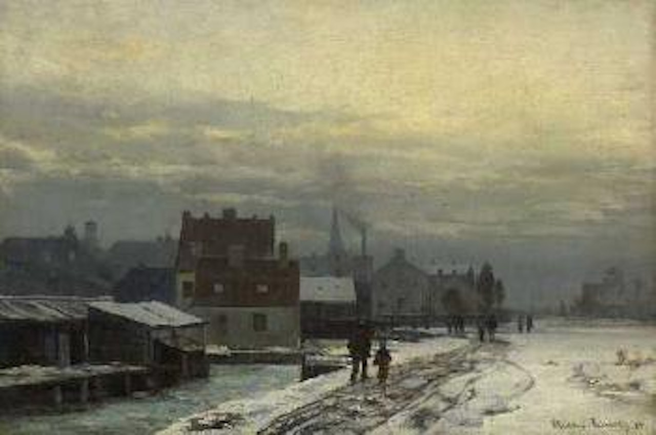 Spazierganger am winterlichen Stadtbach by Anders Andersen-Lundby