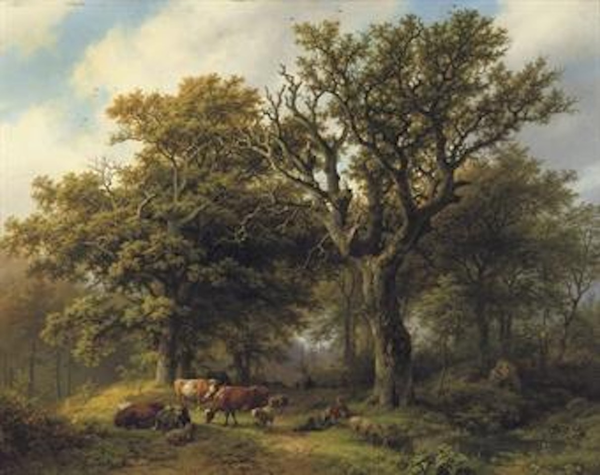 Een Boomrijk landschap met koeiyen, en schapen bij Middagstond: a herdsman and his cattle resting under an oak tree, a ruin in the distance by Barend Cornelis Koekkoek