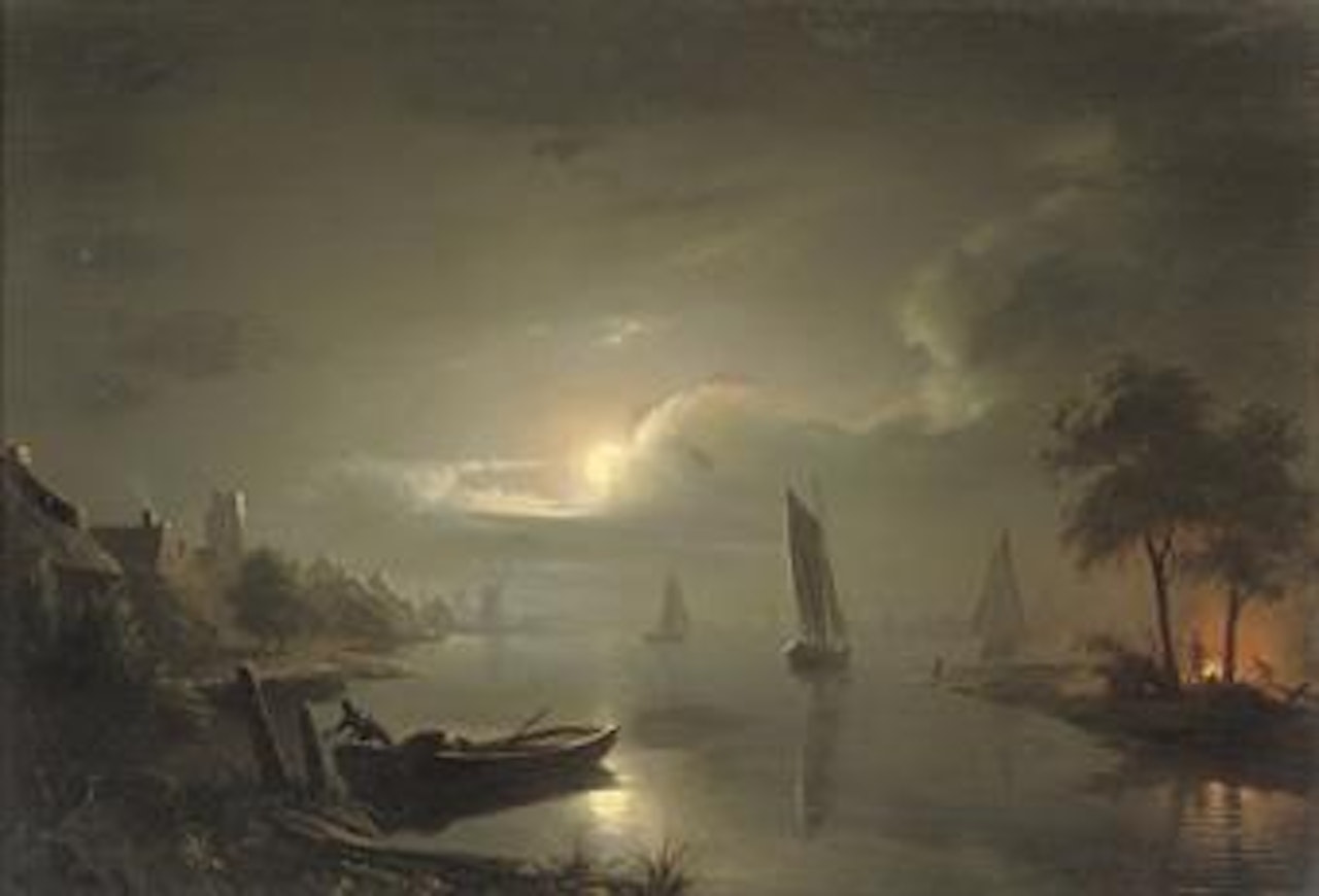 Maanenschijn: sailing at night near Rotterdam with the St. Laurenskerk beyond by Petrus van Schendel