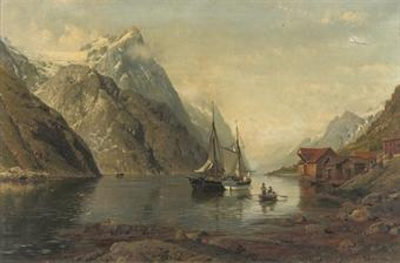 Anchored sailing-vessels in a fjord by Anders Monsen Askevold