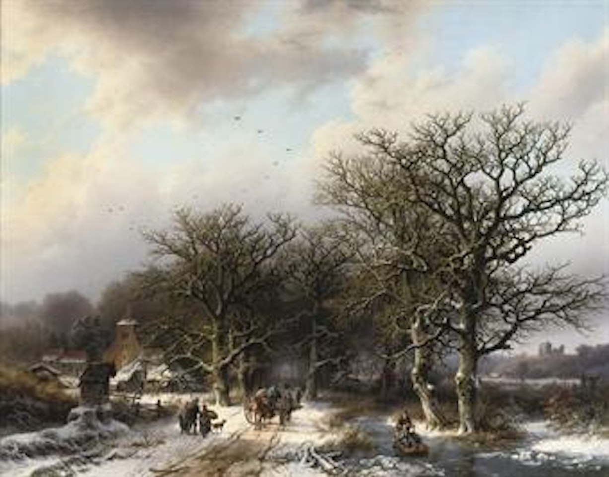 Villagers on a wooded track near a snow-covered village by Barend Cornelis Koekkoek