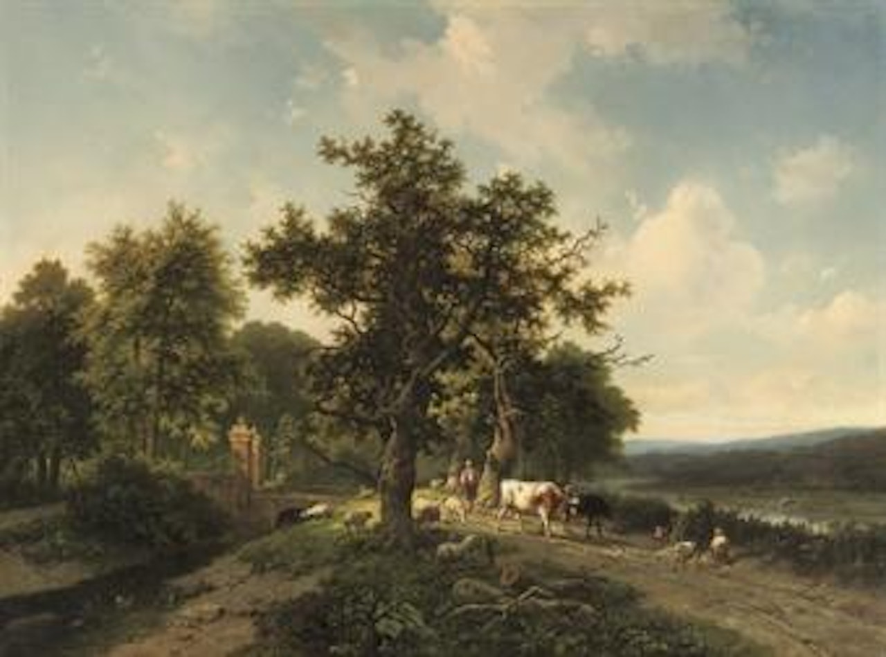 A panoramic river landscape with cattle near a bridge by Marinus Adrianus Koekkoek by Eugène Joseph Verboeckhoven