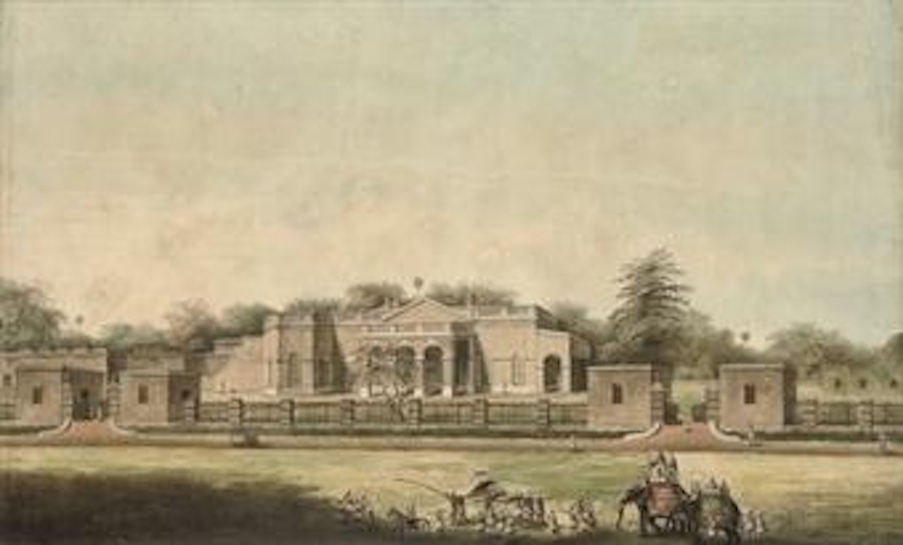 A procession of elephants and a European figure in a palanquin approaching a country house by Calcutta School