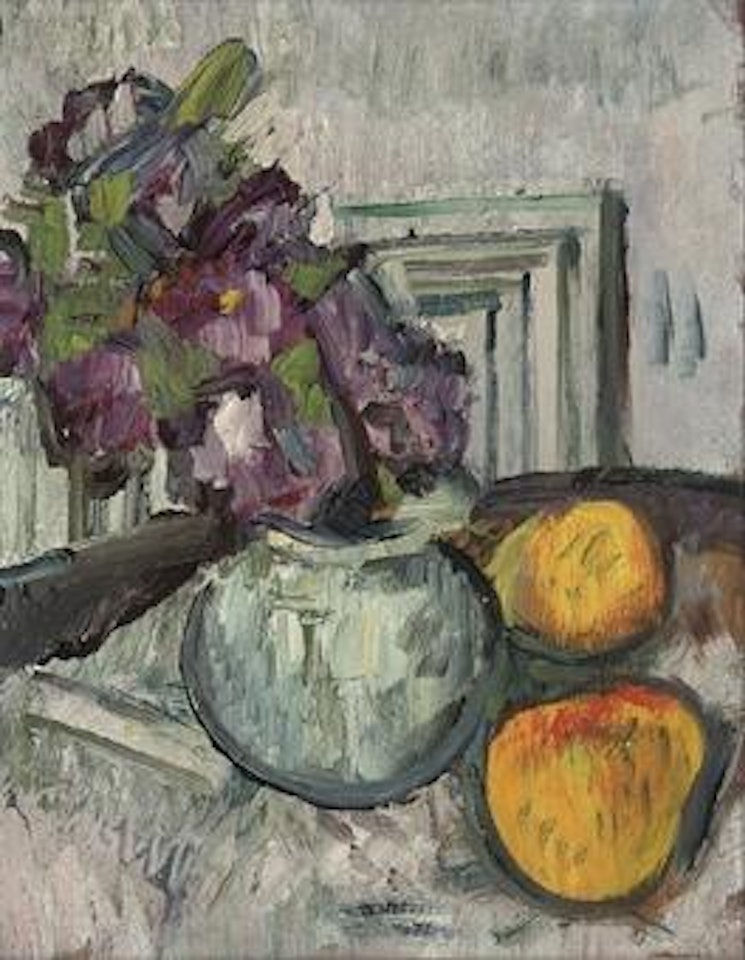 Still life with purple flowers and apples by George Leslie Hunter