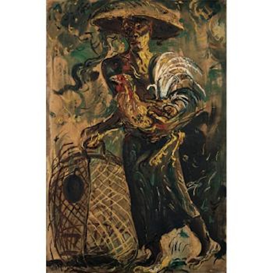 Bebotoh Ayam (Man With Fighting Cockerel) by Affandi