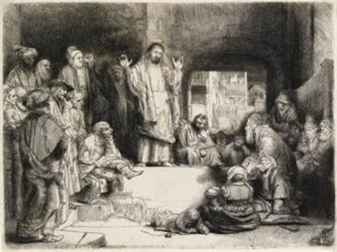 Christ preaching: 'La Petite Tombe' (B., Holl. 67; H. 256) by Attributed to Rembrandt Harmensz van Rijn