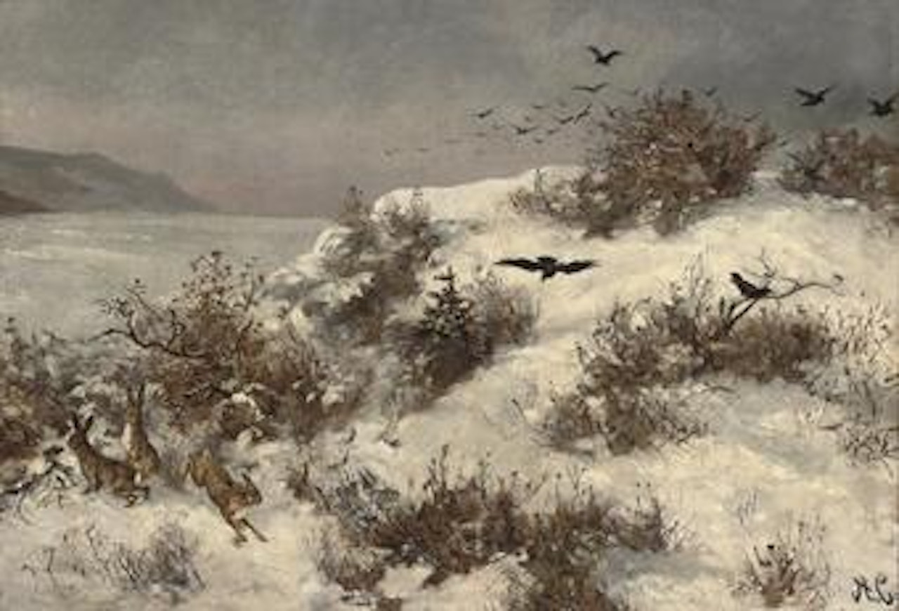 Winter landscape with hares by Aleksei Kondratievitch Savrasov