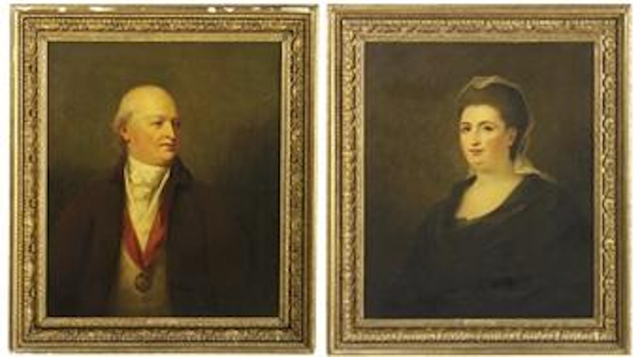 Portrait of William Keith-Falconer, 6th Earl Kintore (1766-1812),bust-length,in dark red coat and white waistcoat, wearing badge of the Order of Baronets of Nova Scotia. Portrait of Maria,Countess of Kintore (1770-1826), bust-length, in a black dress by Henry Raeburn