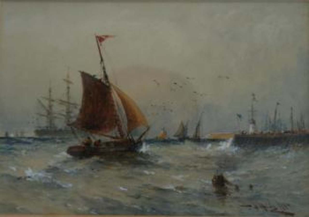 Vessels off the harbour mouth by Thomas Bush Hardy