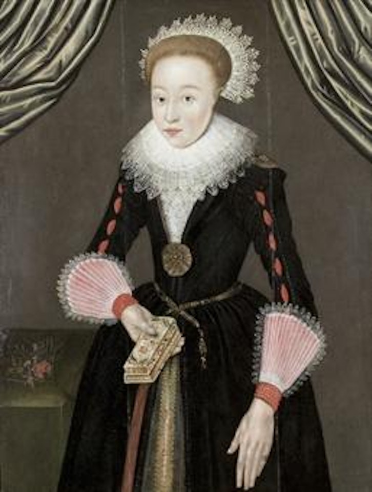 Portrait of a girl, three-quarter-length, standing in an interior, in black dress and lace collar, a prayer book in her right hand by English School