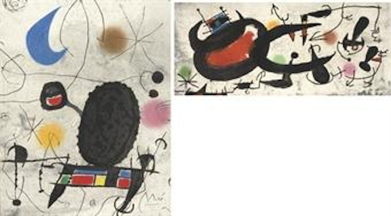 Two plates from: Miró - L'Oiseau Solaire, L'Oiseau Luniare, Etincelles (D. 447 & 448; cf. Cramer books 117) by Joan Miró