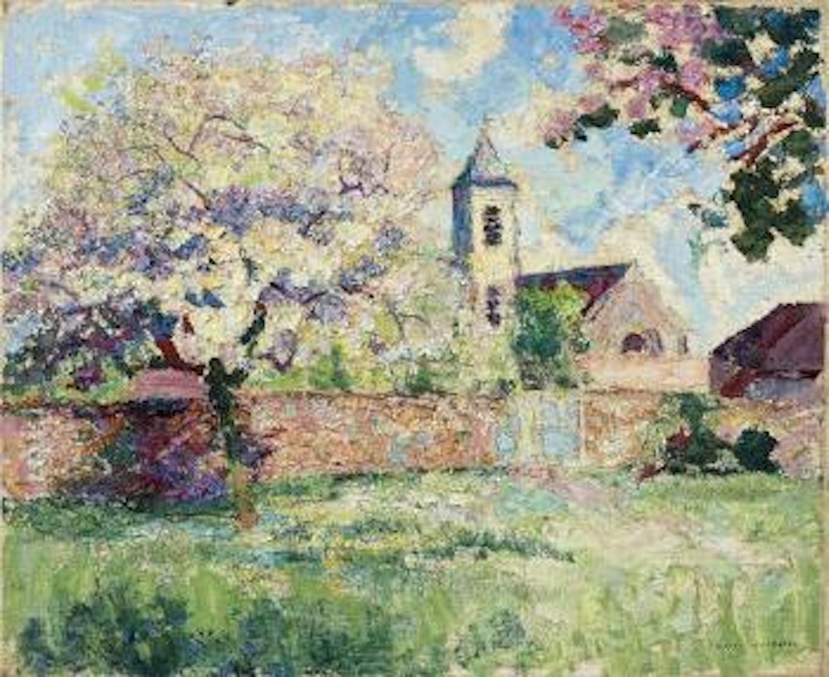 Arbre fruitier en fleur devant une eglise by Victor Charreton