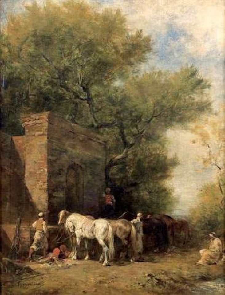 Chevaux arabes a l'abreuvoir by Eugene Fromentin