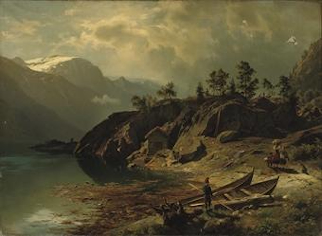 Figures near a mountain lake by August Wilhelm Leu