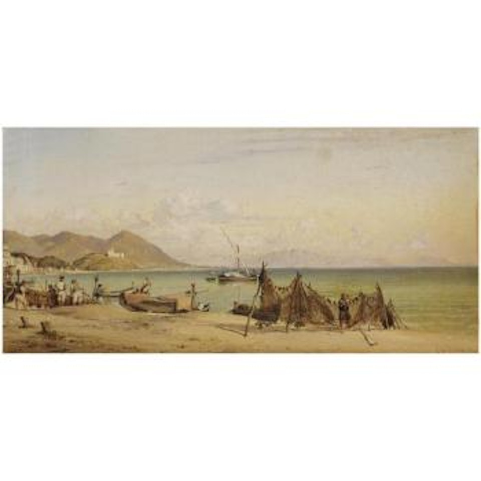 Drying The Nets At Salerno, The Mountains Of Paestum In The Distance by Edward William Cooke
