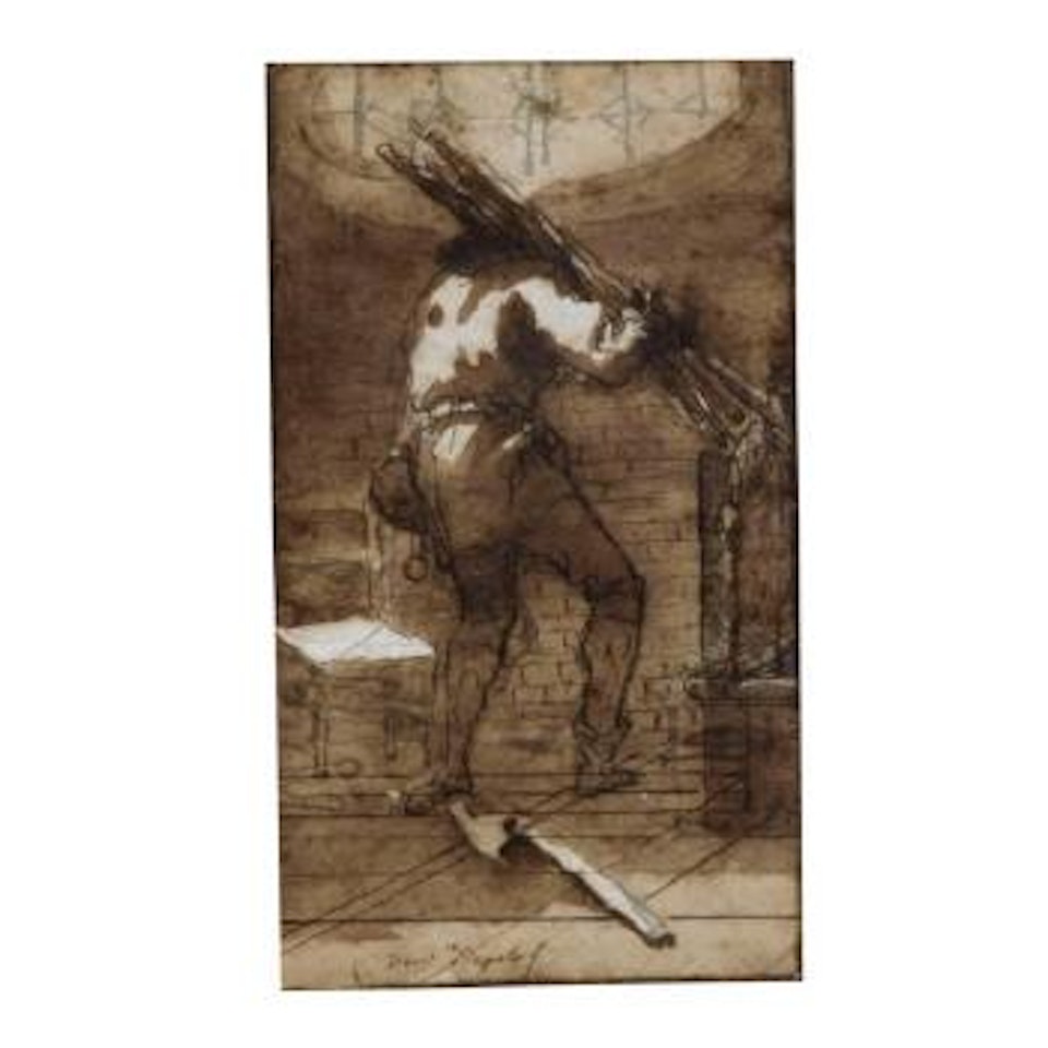 Etude D'homme Portant Du Bois Dans Un Intérieur Sombre by Giovanni Domenico Tiepolo