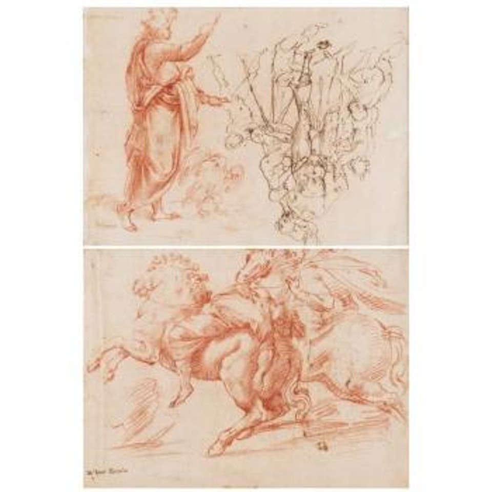 Recto: Plusieurs Jeunes Enfants Ajustant Un Mannequin, Et Saint Jean L'evangéliste; Verso: Etude D'après L'antique Avec Deux Cavaliers, L'un Blessé Et Renversé Par Son Cheval by Francesco Salviati