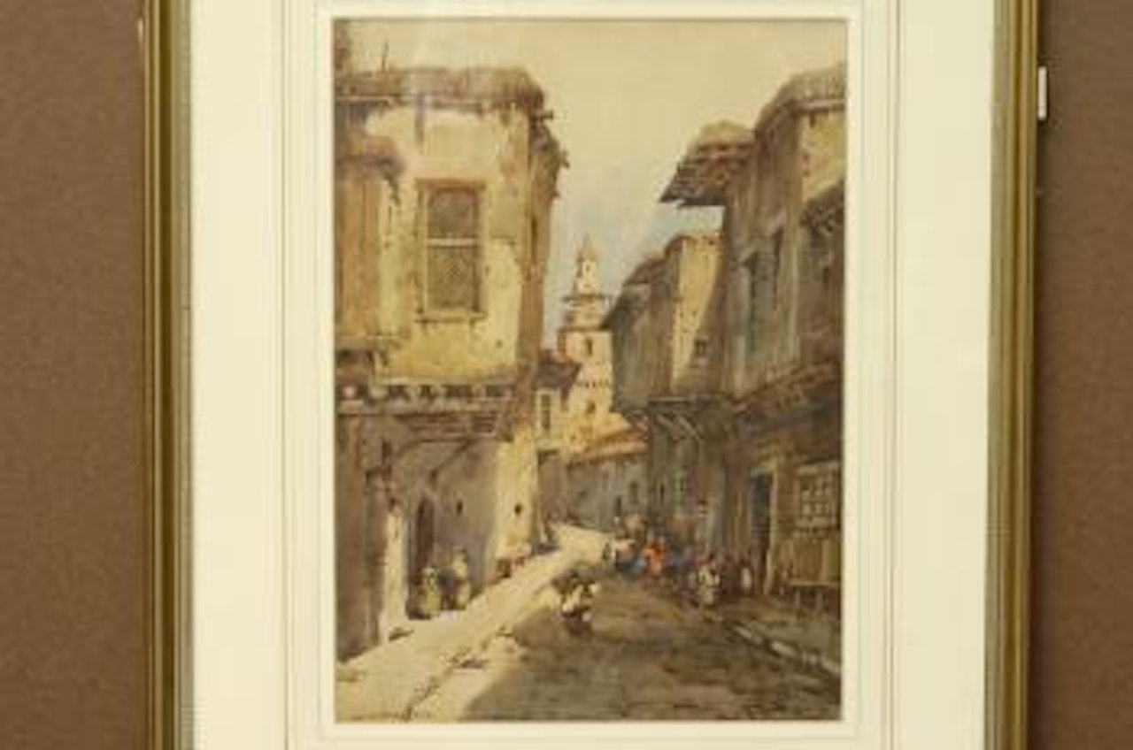 Continental street scene with figures, possibly Northern Spain by Noel Harry Leaver