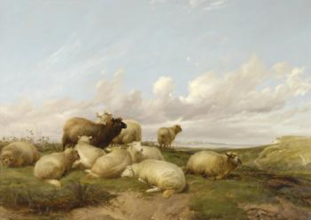 Sheep grazing in a summer coastal landscape, possibly Kent by Thomas Sidney Cooper