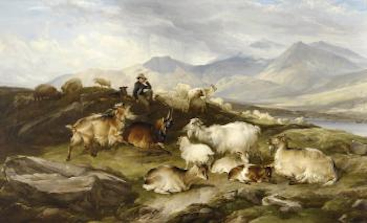 A goat herd on Moel Shiabod, North Wales, young boy and his dog seated upon a hillside, goats and sheep  nearby, a lake and mountains beyond by Thomas Sidney Cooper