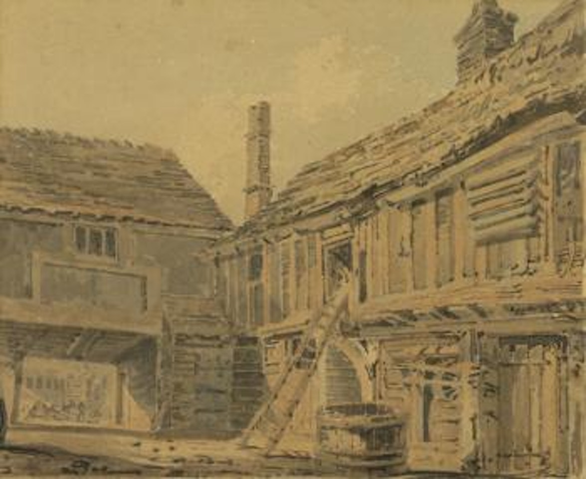 Courtyard with timbered buildings and wooden step ladder, figures and a horse and cart in the distance by Joseph Mallord William Turner